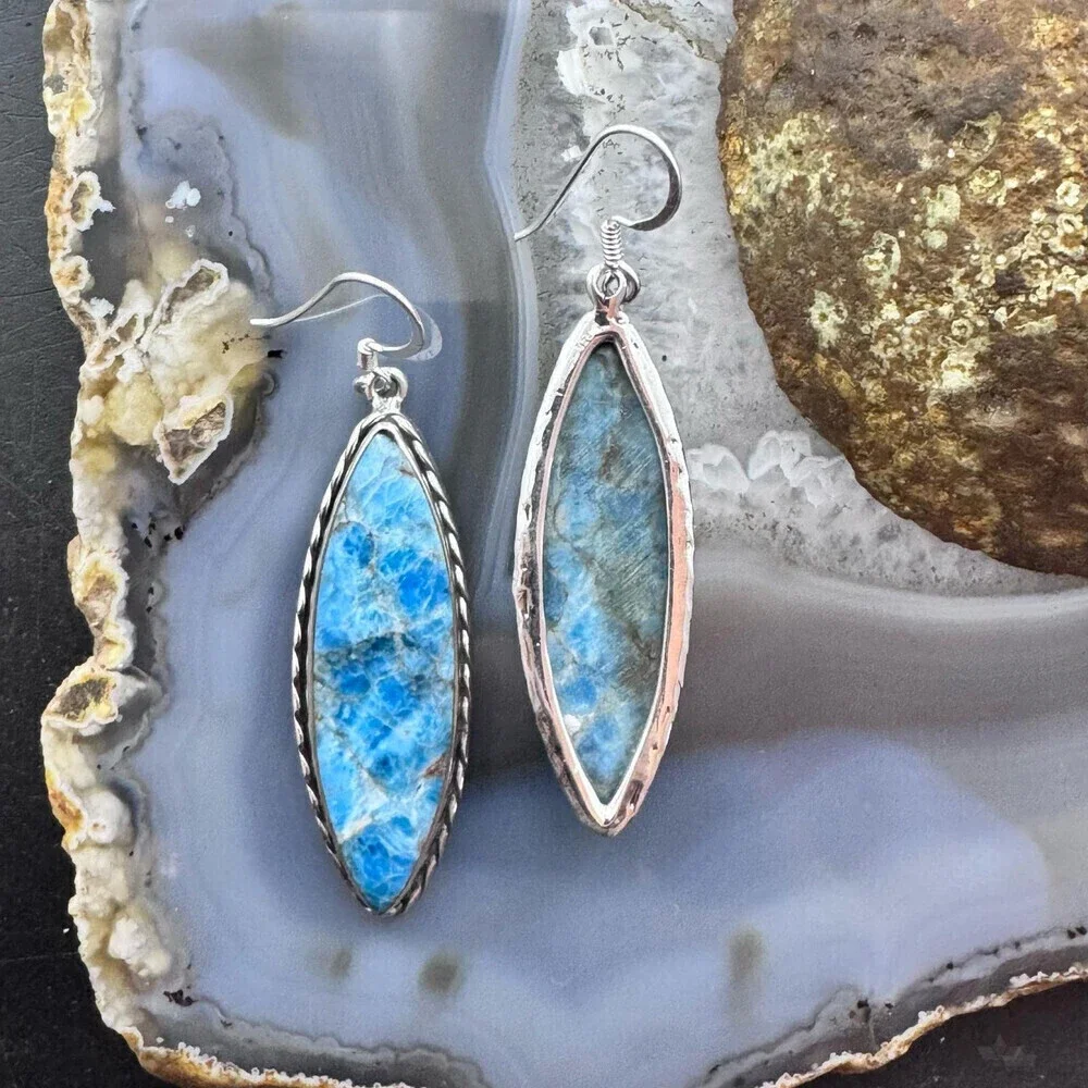 Sterling SW Style Elongated Marquise Blue Apatite Dangle Earrings For Women